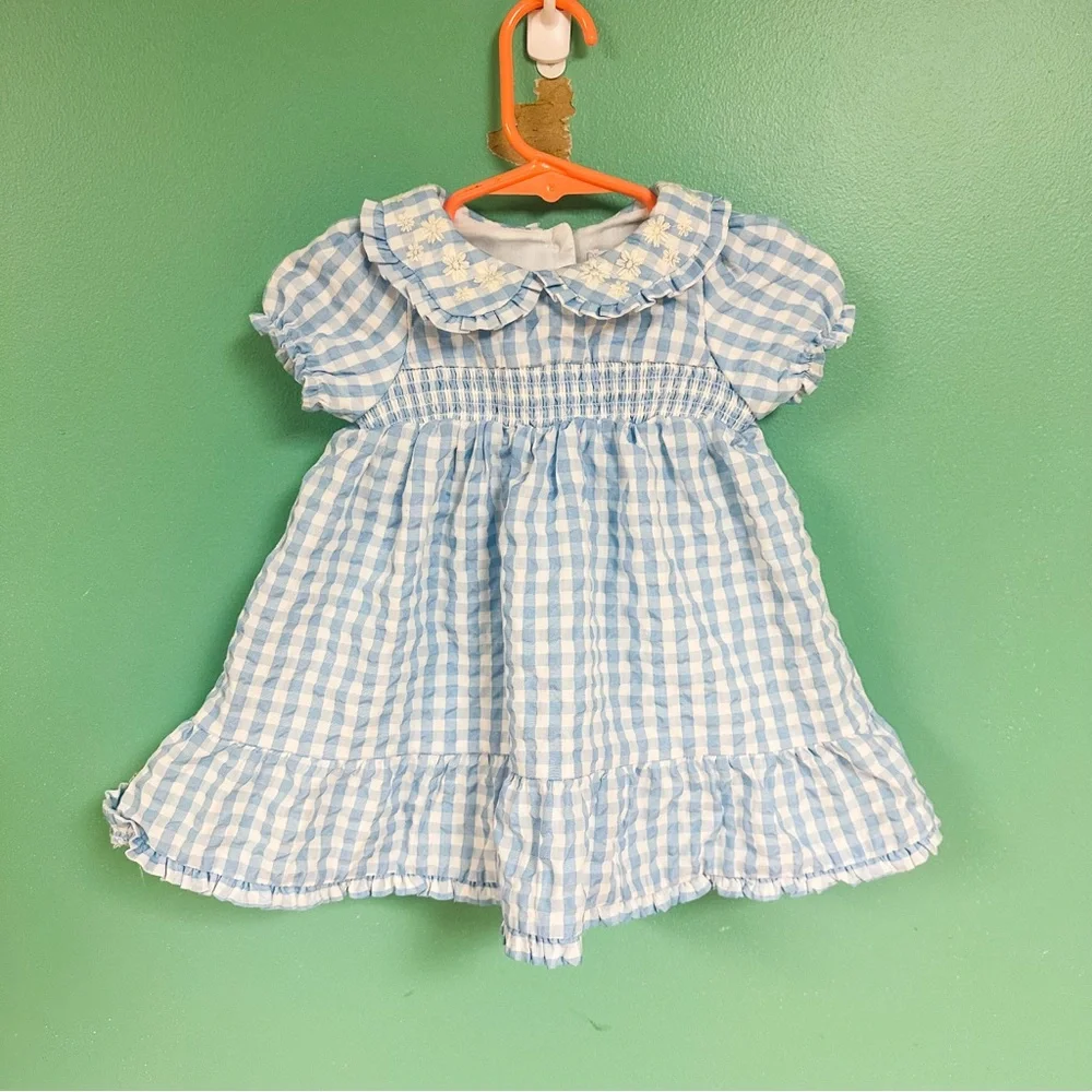 NWOT Tahari Blue & White Gingham Peter Pan Collar Formal Dress Baby 6-9M